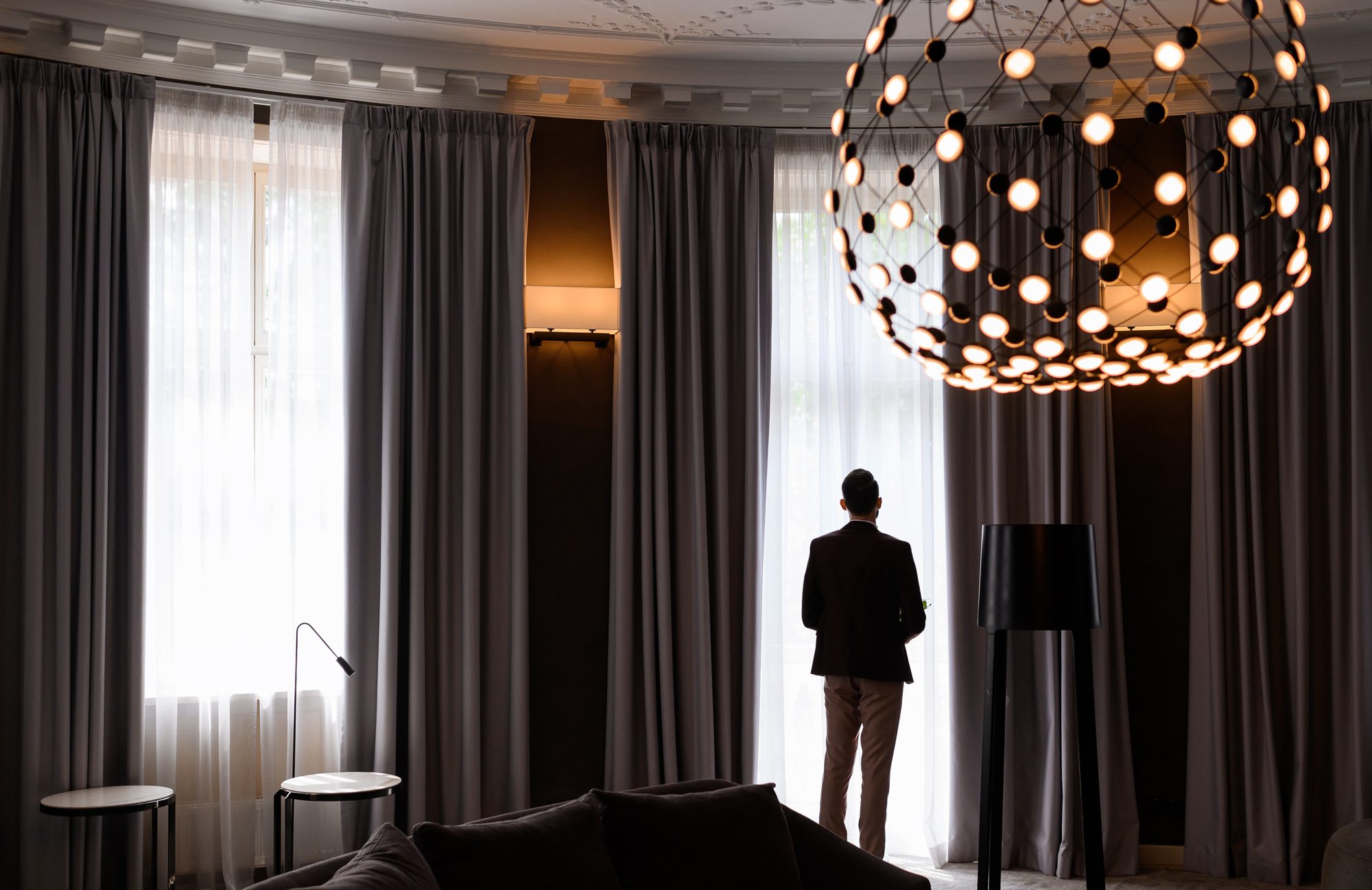 Modern room with grey curtains